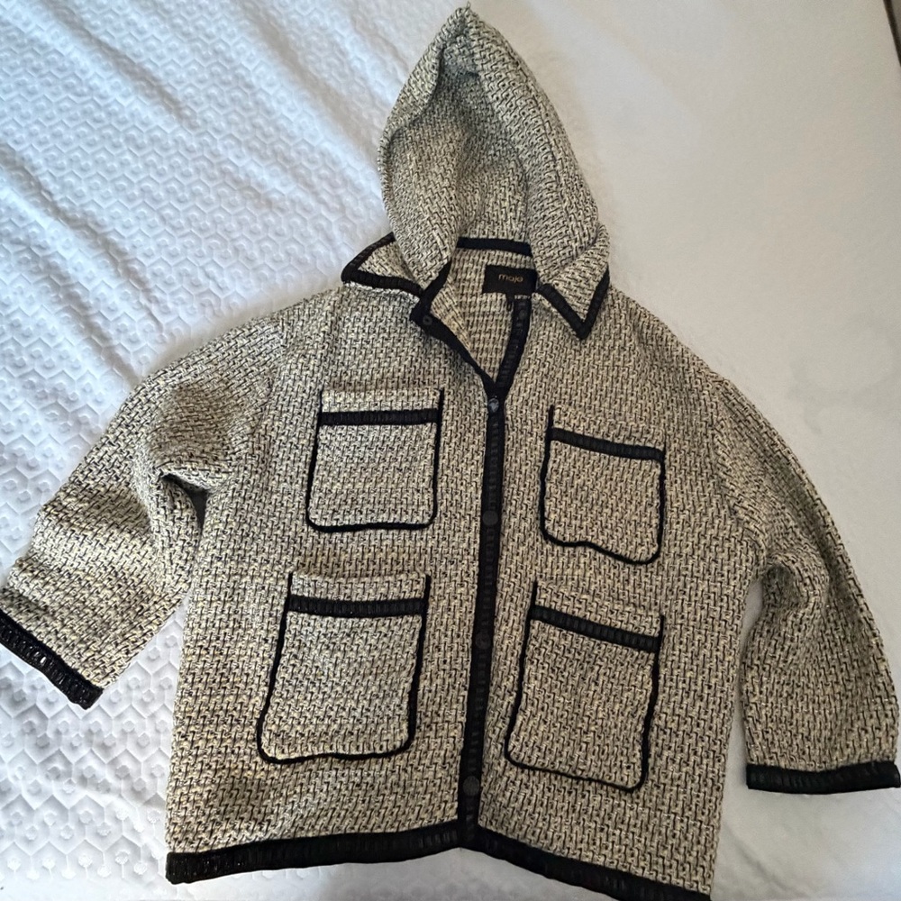 Maje Tweed Hooded Jacket - Black Trim